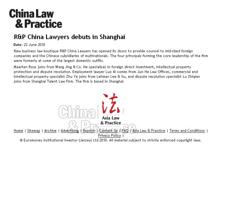 China Law & Practice recognizes R&P debut - article